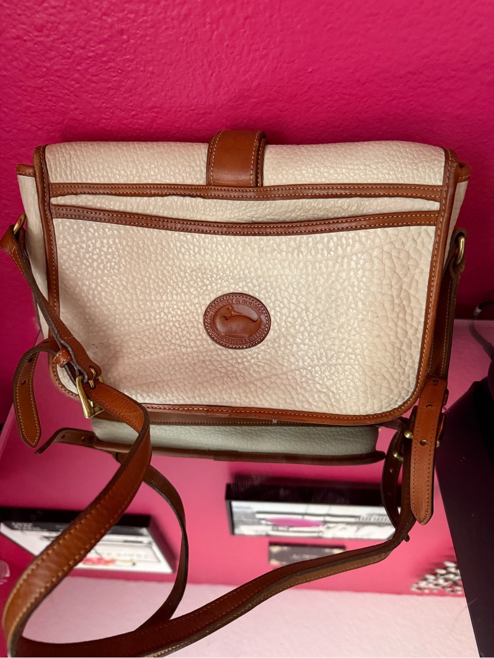 1980s Vintage Dooney & Bourke Cream and Brown Pebbled Leather Crossbody Bag